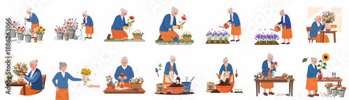 Senior woman illustration set showcasing her passion for floristry, organic gardening, arranging natural bouquets, and enjoying a fulfilling retirement hobby.