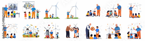 Senior engineer teaching children about wind energy, renewable power, mechanics, and science education through interactive illustrations.