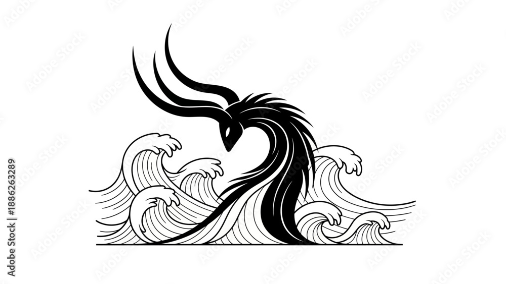 Naklejka premium Dramatic black and white artwork featuring a stylized dragon emerging from ocean waves art