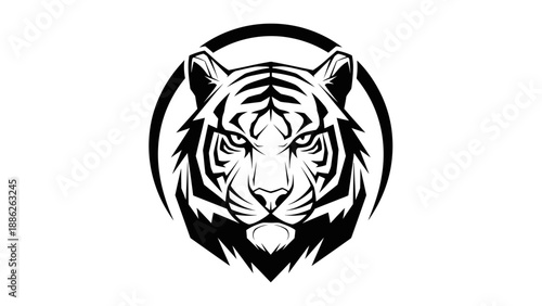 Monochrome Tiger Head Illustration with Striking Circular Enclosure Design