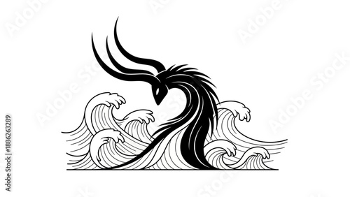 Dramatic black and white artwork featuring a stylized dragon emerging from ocean waves art