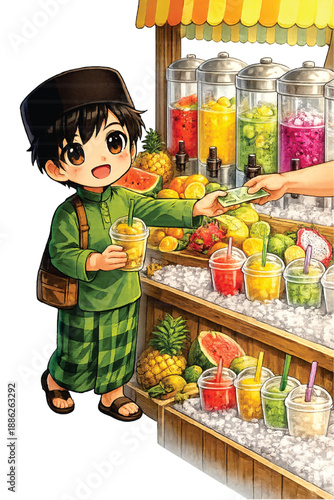 Young man buying fresh fruit juice at ramadan street food market