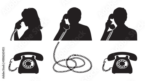 Silhouettes of people talking on old rotary phones in minimalist black and white style with dramatic lighting for communication