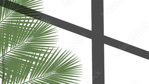 Palm Fronds Behind Gray Window Frame.