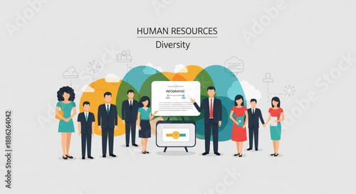 Diverse team standing around presentation board in office setting