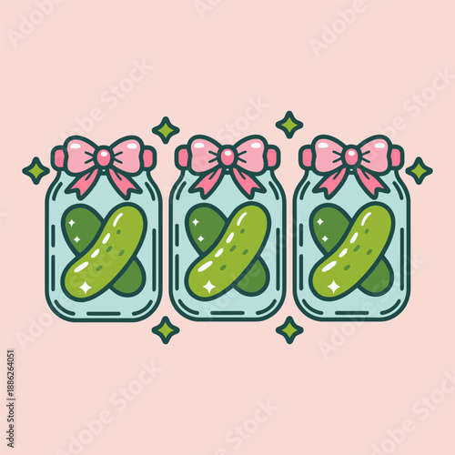 Cute Pickles in Glass Jars with Bows Illustration