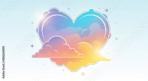 Heart shaped clouds with sunrise gradient colors and sparkles