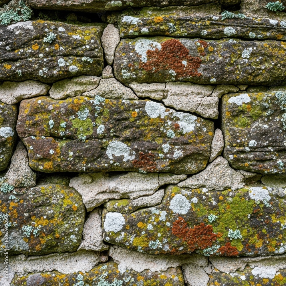 Fototapeta premium Detailed Stone Wall Texture with Moss and Lichen Growth.