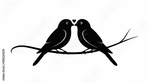 Two black birds silhouette facing each other on a branch with a heart above.