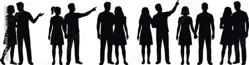 Black vector silhouettes of men and women couples standing in a row pointing and looking at something isolated on white background for architectural visualization