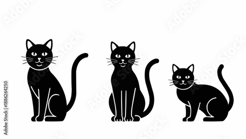 Three Black Cats Sitting Silhouettes Vector Illustration.