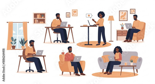 Remote workers in various home office settings with laptops