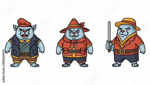 Three cartoon fantasy characters with different outfits and expressions.
