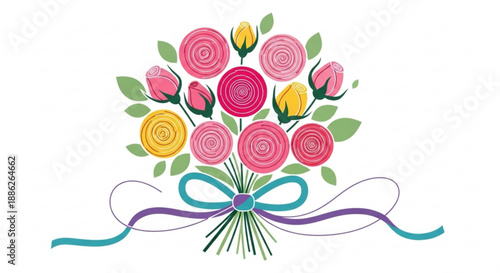 Colorful bouquet of roses with ribbon on white background