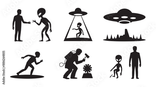 Alien Encounter Silhouettes in Mysterious Dark Tone with Simple Flat Design for Sci-Fi Illustration