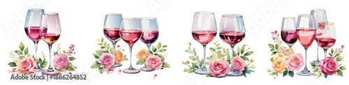 Valentines Pink Wine Glasses Watercolor Vector Set – Romantic Floral Toast Illustration Collection