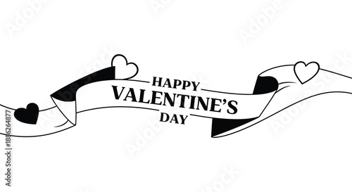 A simple black and white illustration depicts a ribbon banner with the words happy valentine s day and hearts