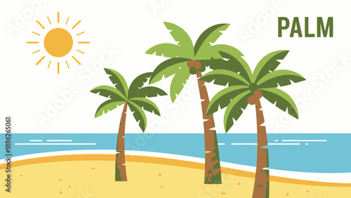 Three Palm Trees on Sandy Beach.