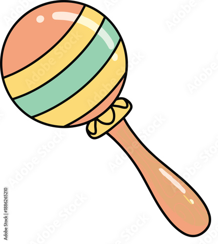 Colorful Maraca Musical Instrument Vector Illustration with Wooden Handle and Striped Pattern Isolated on White Background for Kids Music Education and Festive Celebration.