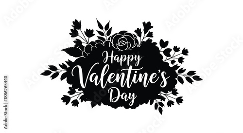 A decorative black floral arrangement featuring the words happy valentine s day in elegant white calligraphy high quality professional