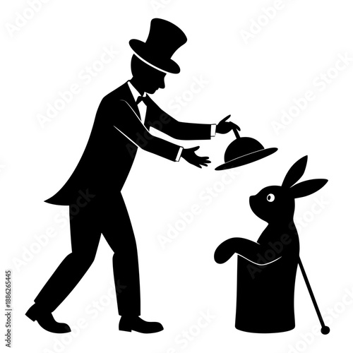 Silhouette of a traditional magician in a tuxedo and top hat revealing a rabbit emerging from a silk hat during a classic stage performance trick