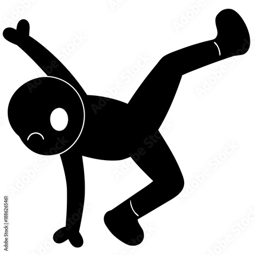Minimalist black silhouette figure performing a dynamic yoga pose or abstract breakdancing move suggesting flexibility and balance against a white backdrop