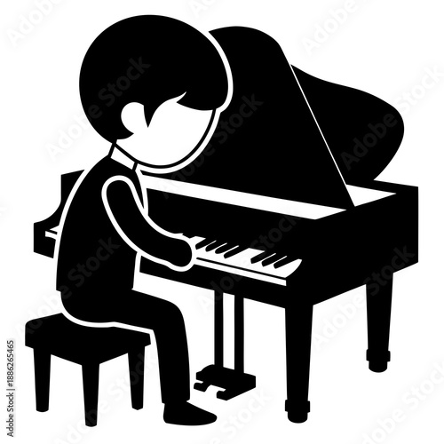 Stylized black and white icon depicting a young boy or musician concentrating intently while playing a classical grand piano on a small stool