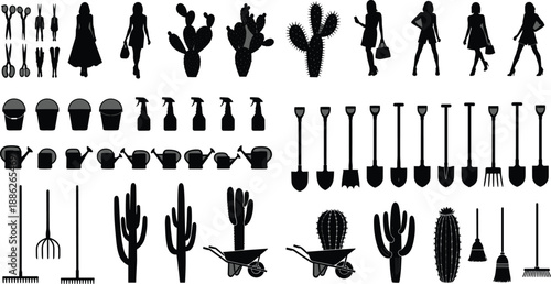 Comprehensive Collection of Black Silhouette Gardening Icons Featuring Female Figures Desert Cactus Plants Shovels Wheelbarrows Watering Cans Rakes And Spray Bottles On Isolated White Background