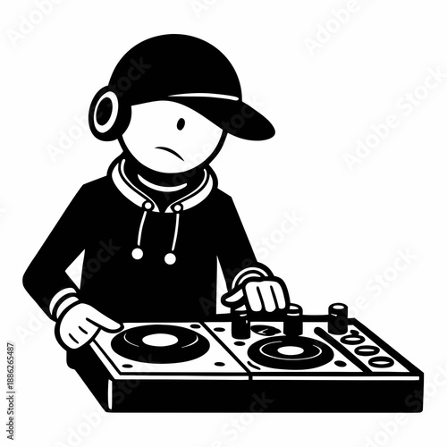 Minimalist black and white stick figure deejay wearing headphones and a cap expertly mixing music on turntables during a performance or practice session