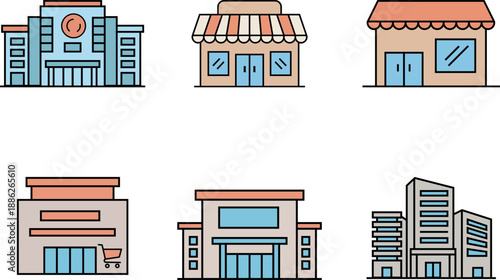 Building Typology Icons Set – Retail Shop, Mall, Office and Commercial Buildings.