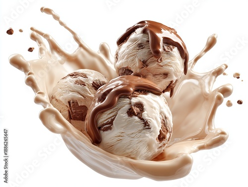 Three scoops of ice cream with chocolate sauce and milk splash