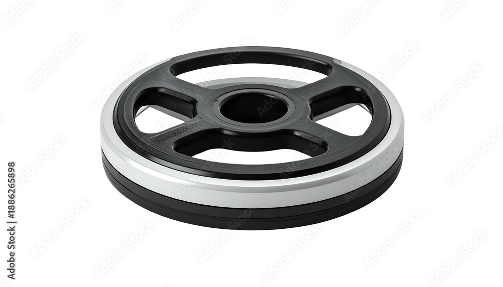 Fototapeta premium A weight plate featuring a black center with large openings and a contrasting silver edge