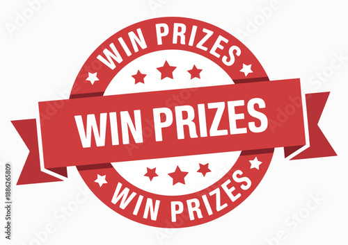 Win prizes ribbon, red circular banner vector showing giveaway, contest promotion, prize announcement, and marketing reward illustration.