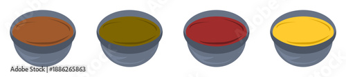 Vector isolated food items of gravy and sauce in dishes 