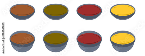 Vector isolated food items of gravy and sauce in dishes and bowls 