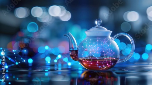 Glass Teapot with Abstract Digital Design and Bokeh Background Lighting for Culinary or Technology Themes