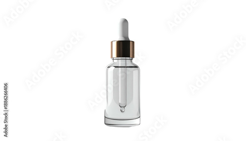 Realistic 3D render of a clear glass serum bottle with a dropper against a black background