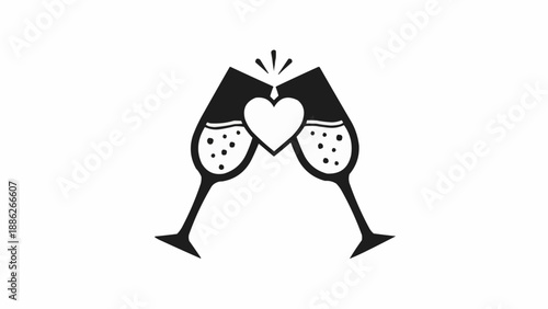 Two champagne glasses clinking with a heart symbol.