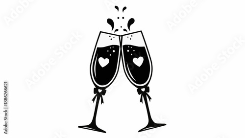 Two champagne glasses clinking with hearts and bubbles.