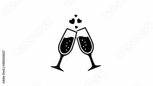 Two champagne glasses clinking with hearts above them.