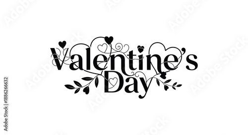 A black and white valentine s day design featuring decorative swirls hearts and elegant script typography high quality professional