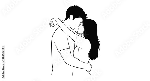 A delicate line drawing depicts a couple in a tender embrace showcasing affection and intimacy through simple forms