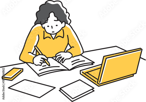 パソコンを前に置いて仕事をする女性