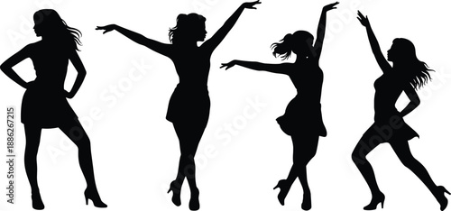 Dancing women silhouette set performing graceful moves, female dance poses fashion elegance freedom motion concept, black figures isolated on white background
