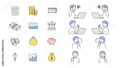 お金に関するシンプルなアイコンと人物のイラストセット　ベクター