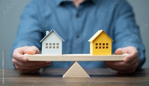 Property value comparison and housing market balance concept with miniature houses