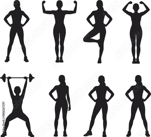 Fitness woman silhouette set exercising poses, female strength training yoga and workout activities, healthy lifestyle concept, gym sport figures, black white vector