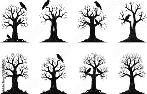 Leafless tree silhouettes, crow and raven birds, dramatic nature scene, black tree icons, spooky forest elements, winter branches, wildlife illustration, eerie landscape design