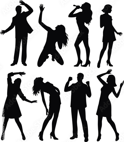 People dancing and singing silhouette collection, energetic party celebration poses, men and women performance actions, music entertainment concept, black white vector