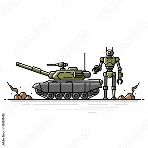 Vector illustration of Tank and combat robot on a battlefield on a white background